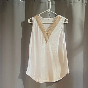 Elegant White Sleeveless Top with Tan Accents